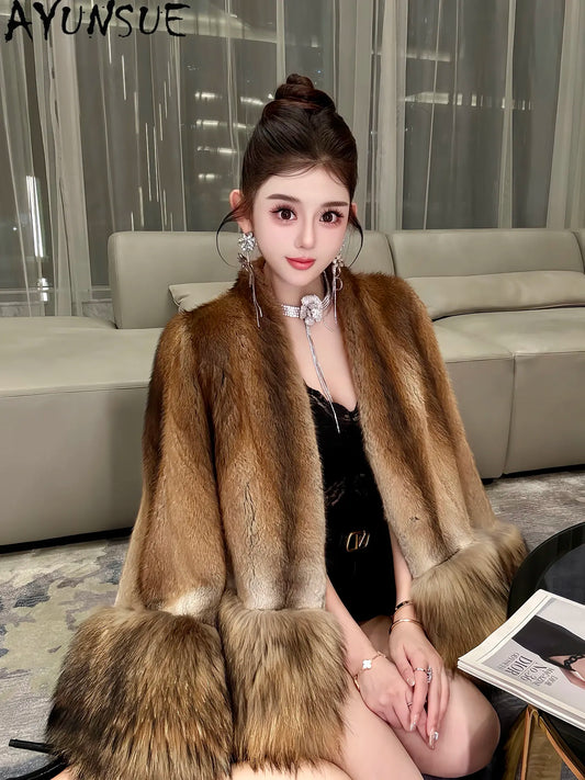 AYUNSUE Natural Mink Fur Coat Women Qinggen Whole Mink Womens Coats Winter Jacket Fashion V-neck New in Outerwears Abrigos Mujer