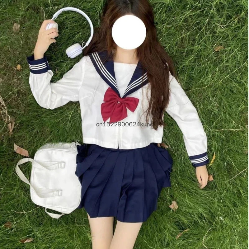 Anime Japanese School Uniform Cute Girls Jk Suit Navy Collar Three-piece Suit Campus Sailor Suit Bow Short Sleeves Suit Uniform