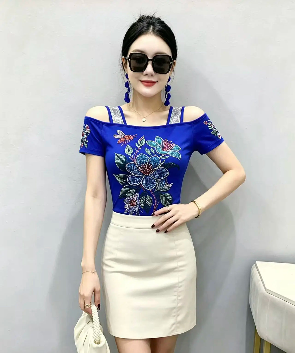 High Quality Elasticity Clothes Fashion T-Shirts Women's Sexy Off Shoulder Shiny Diamonds Mesh Tops Summer Tees Shirt