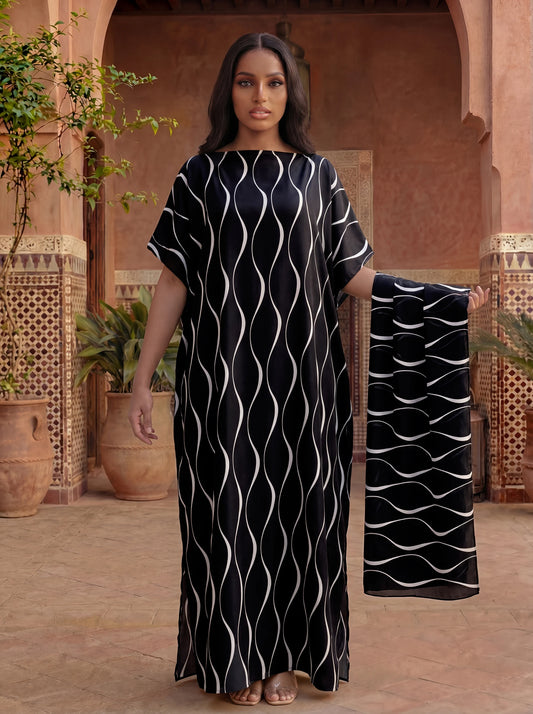 Minimalist Wave Line Print Satin Abaya With Scarf, Loose Maxi Kaftan For Muslim Women Summer Beach Holiday Wear
