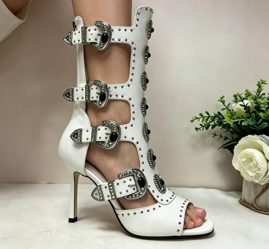 Women's 2026 Peep Toe Rhinestone Buckle Cutout Gothic Floral Mid-Calf Boots Punk Motorcycle Party Shoes with Rivets