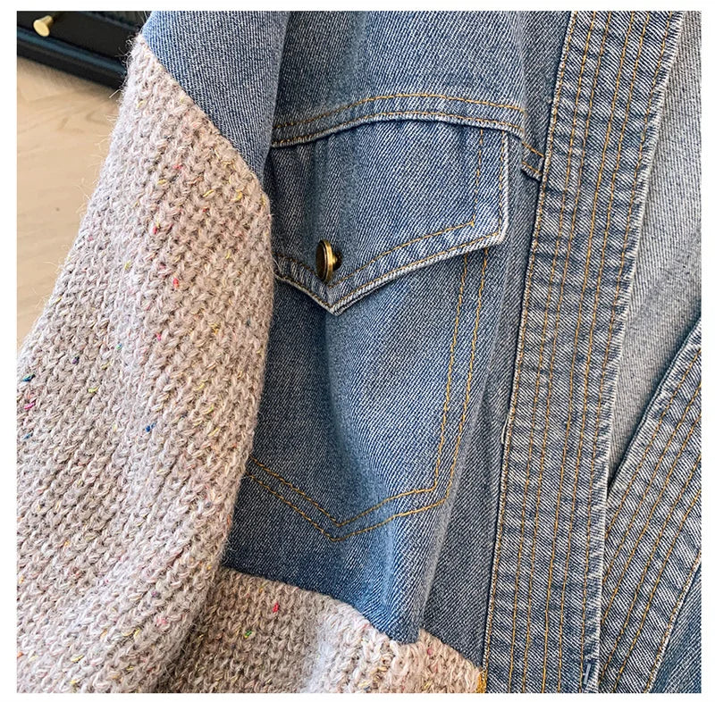 Fat mm200 Pounds Vintage Denim Patchwork Sweater Coat ins Fashion Woman 2024 Autumn and Winter Thickened Loose Niche Cardigan