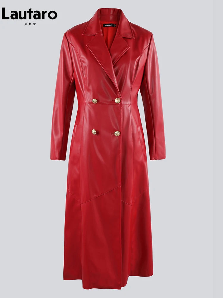 Nerazzurri Extra Long Red Black Pu Leather Trench Coat for Women with Gold Button Double Breasted Luxury Elegant Chic Overcoat