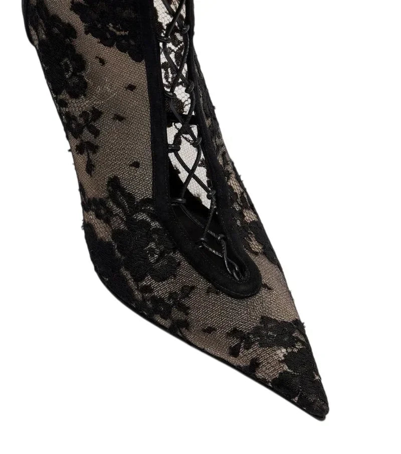 2026Spring and Summer Pointed Black Mesh Fine High Heels Knee Length Cool Boots Embroidered Lace Up Party Wedding Women's Boots