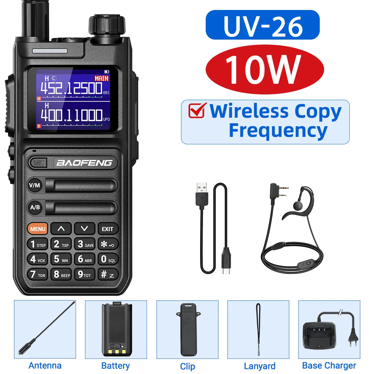 Baofeng UV-26 Walkie Talkie 10W Multi Band Wireless Copy Frequency High Power 999 Channels NOAA with Type-C Charger Ham Radio