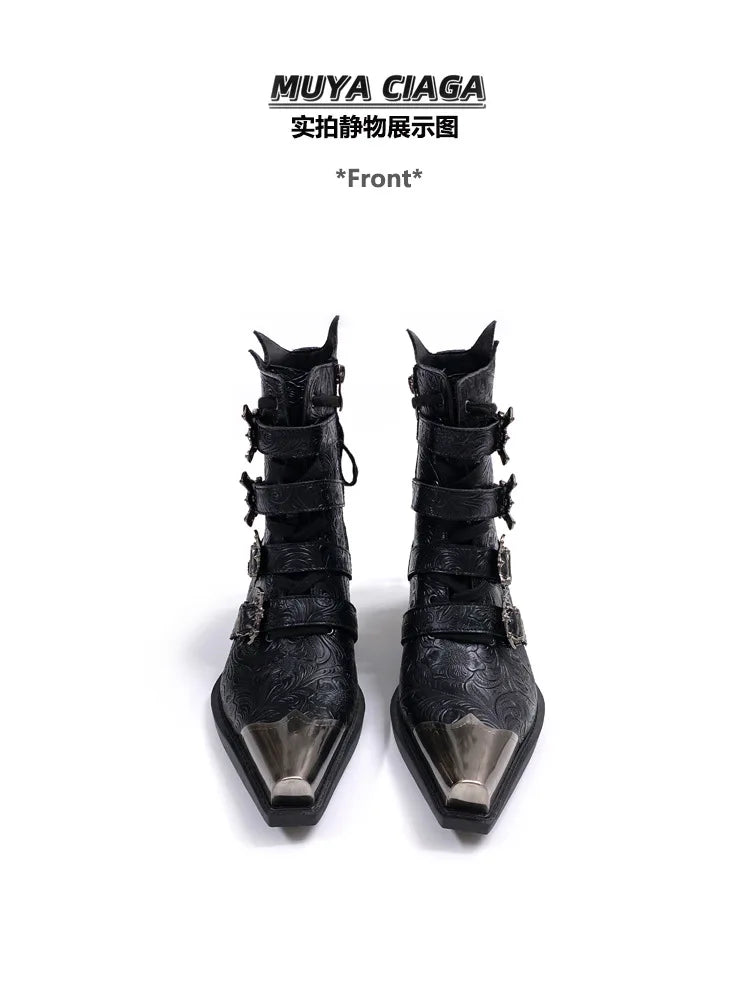 Retro Metal Head Western Cowboy Short Boots Spring 2026 New Pointed Chelsea Height-Increasing Men's Women's Footwear