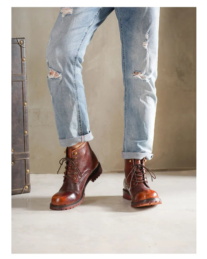 Fashion Men's Genuine Leather Motorcycle Boots British Brogue Shoes High-top Round Toe Mid-calf Chelsea Western Riding Boots