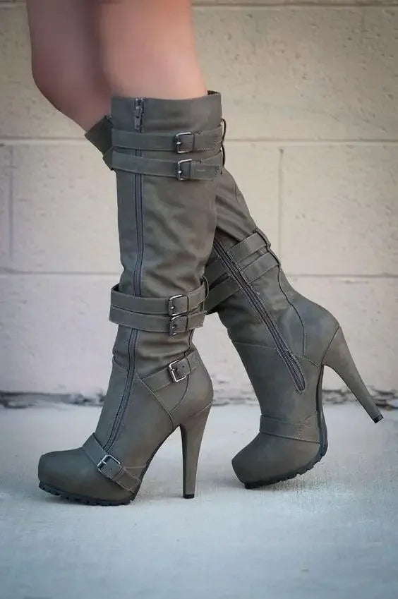 Fashion Women's Boots Knee High Mature Fashion Boots 9CM Stiletto European and American Style Side Zipper Round Head Women Shoes