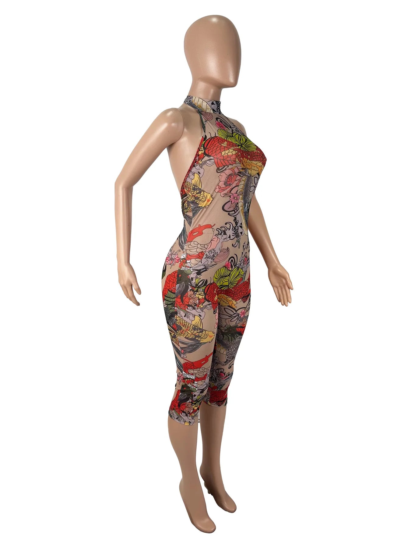 Sheer Mesh Print Transparent Sexy Bodycon Backless Jumpsuit Women Sleeveless Summer Rompers Jumpsuits for Women Playsuit