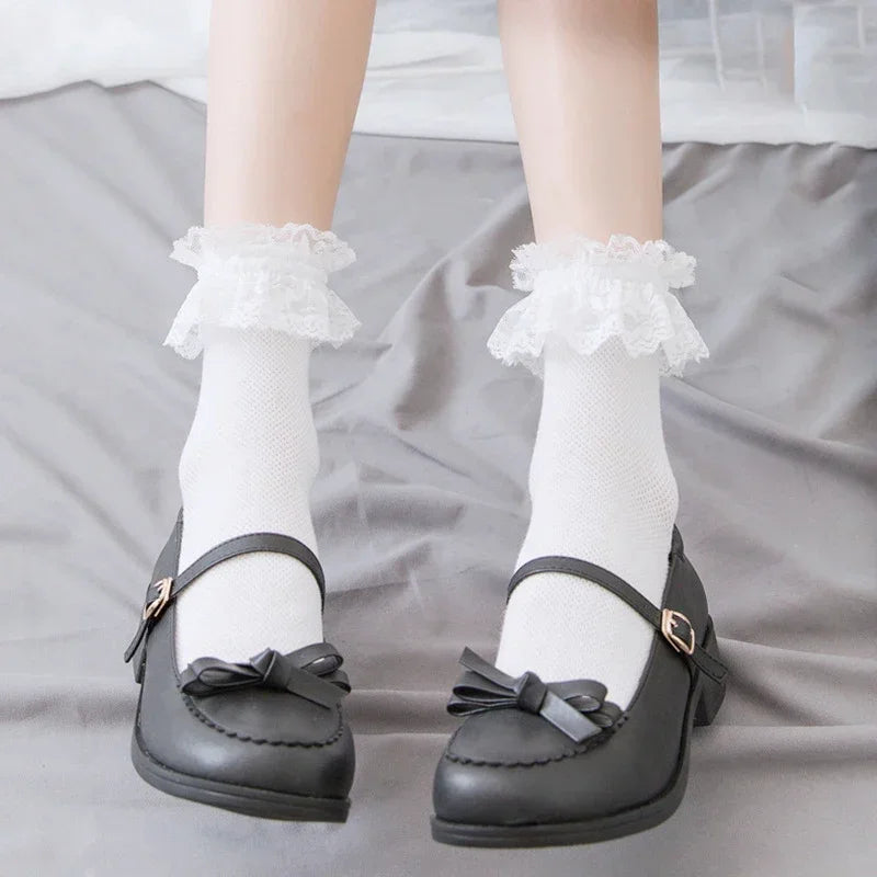 Women's Japanese Lolita JK Ankle Socks Kawaii Cotton with Lace Trim - Cute White/Black Crew Socks for Girls Cosplay Casual Wear
