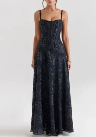 Women New European American Cami Strap Maxi Gown Tulle Floral Lace Applique Formal Prom Long Dress