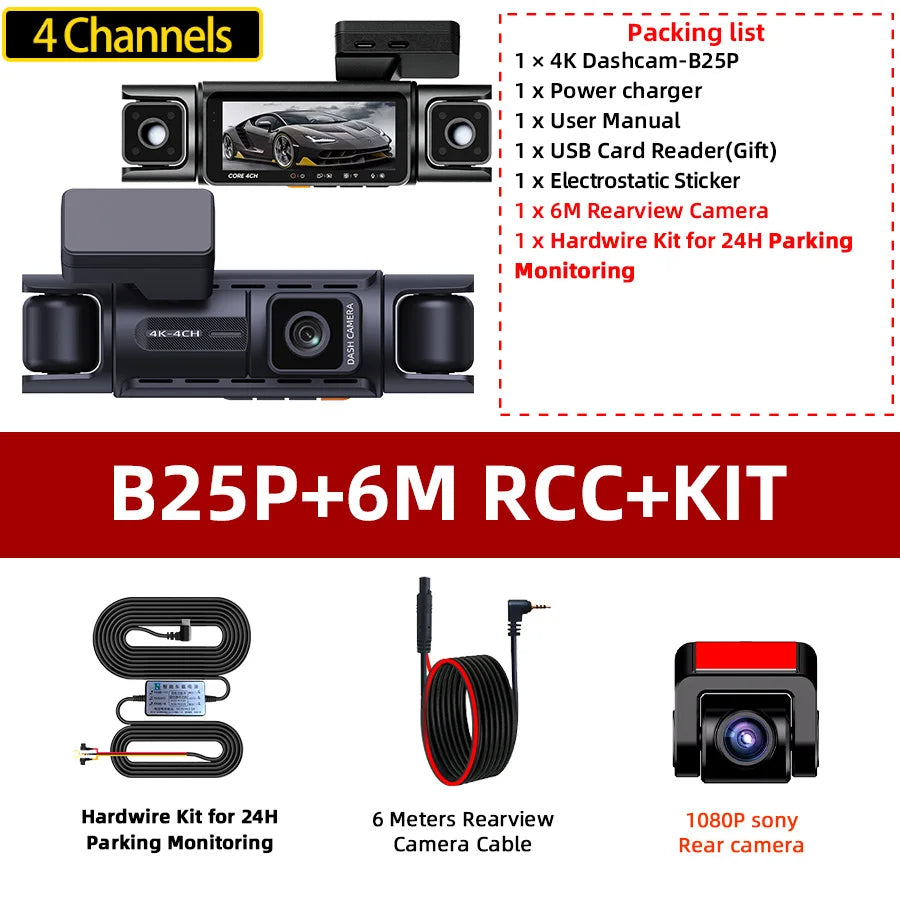 4 Channel GPS WIFI Car Dash Cam 360 Panoramic 8 IR Night Vision Lights 24H Parking Front 4K Inside/Rear/Left 1K Video Recorder