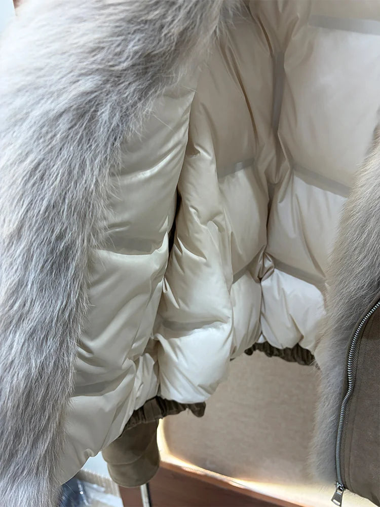 2026 New Winter Women Goose Down Jacket Natural Real Fox Fur Collar Coats Denim Puffer Jacket Outwear