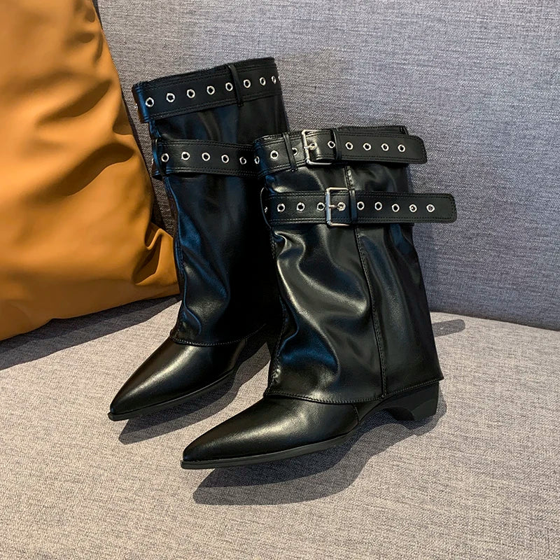 2025 Pointed Toe Women's Winter Boots Designer Mid Heels Elegant Shoes Pumps Fashion Boots New Trend Dress Gothic Ladies Boots