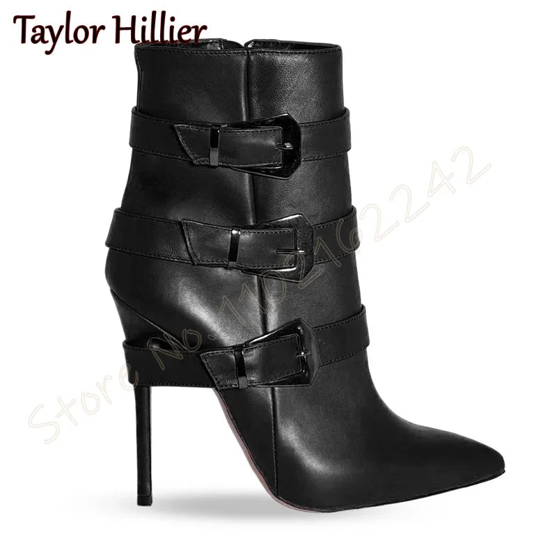 Rose Red Suede Belt Buckle Short Boots Pointed Toe Stiletto Side Zipper Modern Boots Fashion Party Catwalk Luxury Short Boots 46