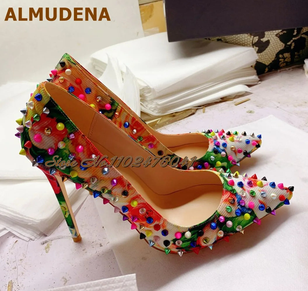 ALMUDENA Multi-Color Rivets Thin High Heel Dress Shoes 12Cm 10Cm 8Cm Stilettos Pointed Toe Shallow Pumps Pricts Spikes Footwear