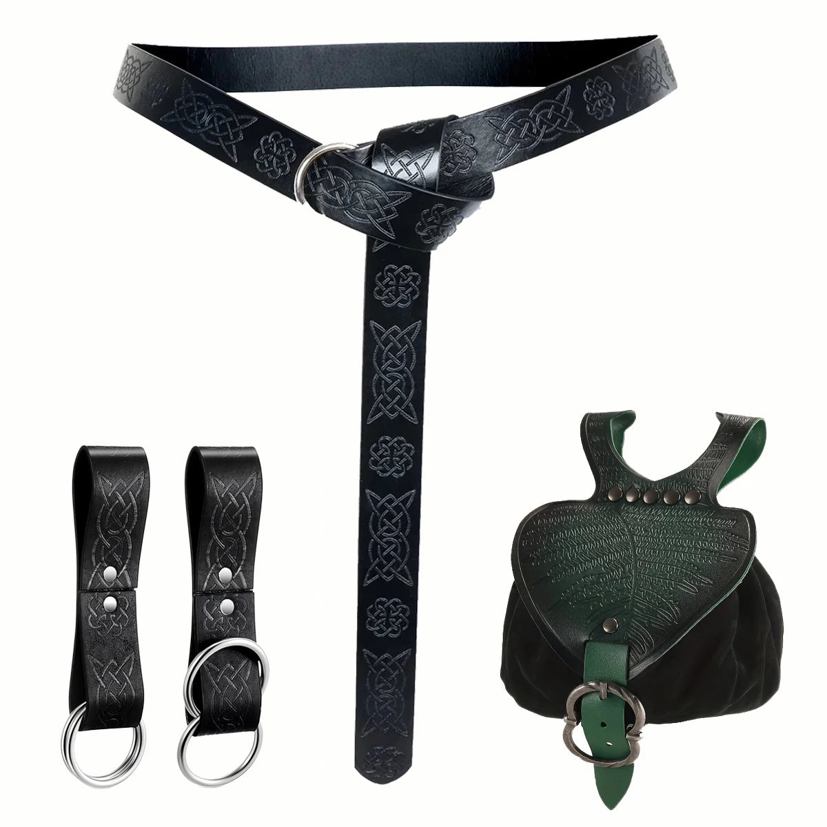 Renaissance Costume Accessories Medieval Retro Leather Waist Belt Leaf-Patterned Coin Purse Magic Potion Bottle Skirt Hike Clip Set for LARP&Cosplay