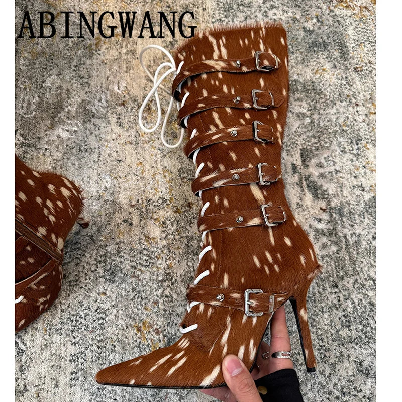 High Qaulity Horsehair Patchwork Thin High Heel Long Boots Women Pointed Toe Lace Up Sexy Fashion Women Boots For 2025 Autumn