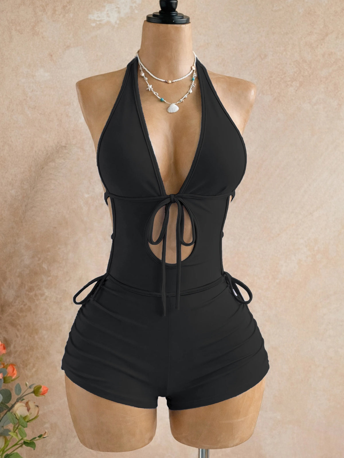 Black Halter Neck Deep V Cutout Tie-Front One-Piece Shorts with Side Drawstring Beach Jumpsuit, Women's Slim Fit Sleeveless Halter Cutout Tight Short Jumpsuit Vacation Outfit