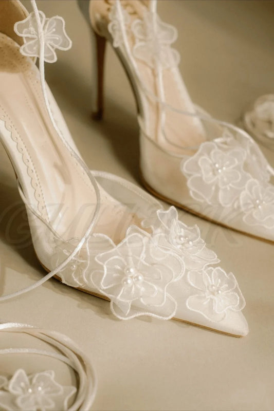 Bridal Blossom Air Mesh Heeled Sandals Shallow Lace Up Wedding Elegant High Heels Pointy Toe White Women Luxury Flower New Shoes