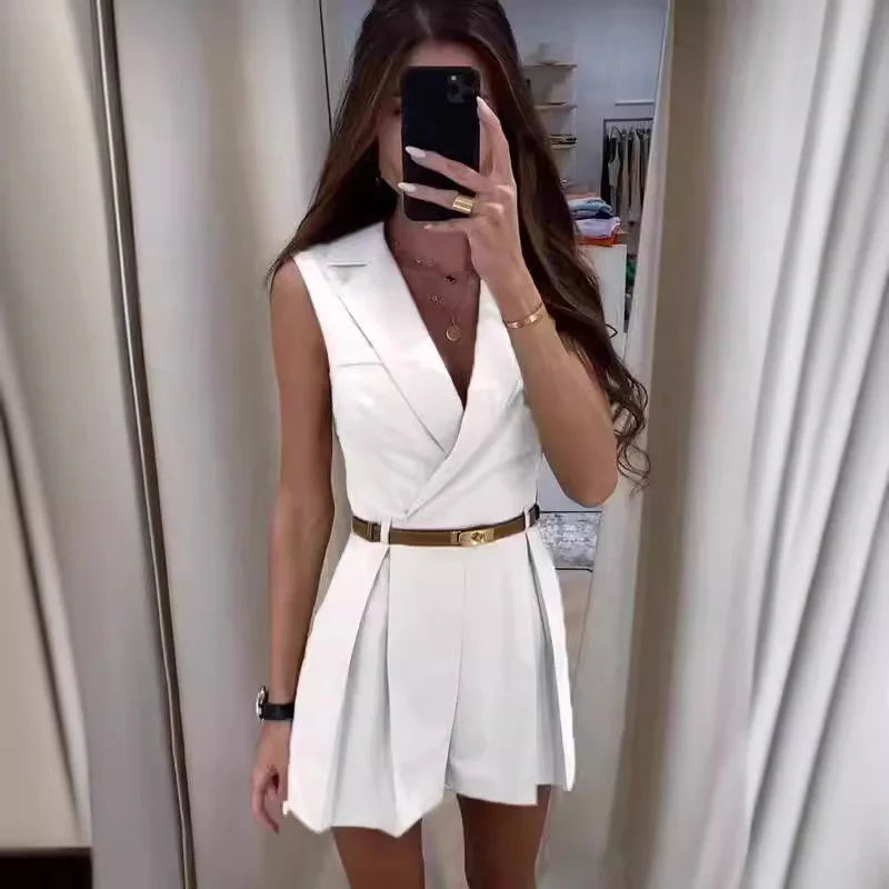 Women Playsuits Solid Turn Down Collar Rompers One Piece High Waist Sleeveless Jumpsuits Shorts Elegant Office Lady Summer 2026