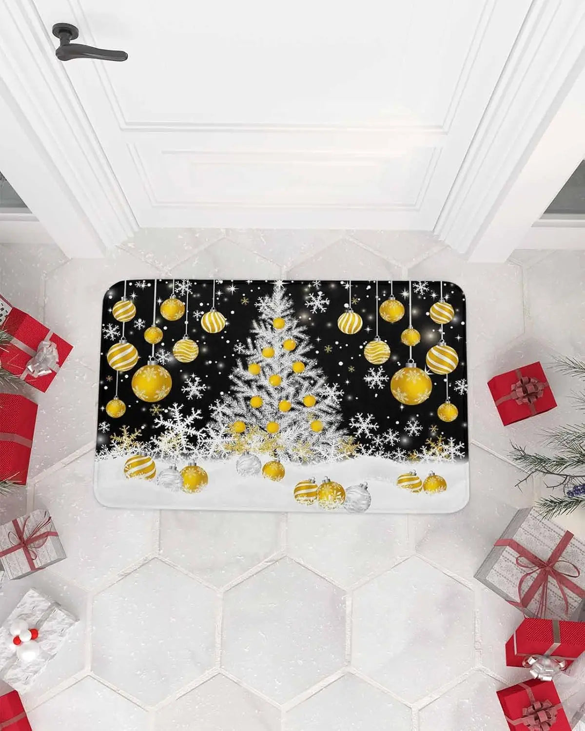 Merry Christmas Tree Snowflake Ball Navy Blue Non-slip Door Mat Entrance Welcome Mat Balcony Hallway Rugs Christmas Decorations