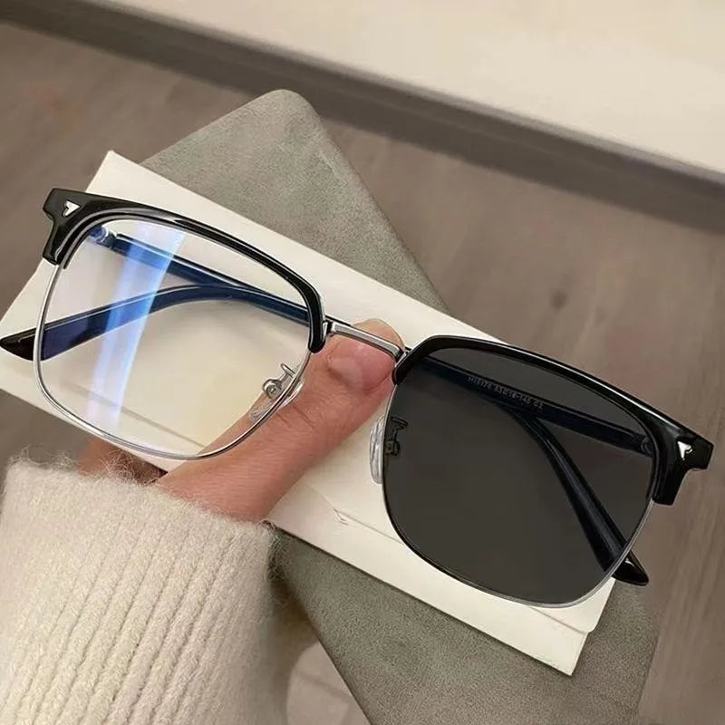 Photochromic Anti Radiation Blue Light Eyeglasses Square Metal Frame Computer Glasses for Women Men Replaceable Lens