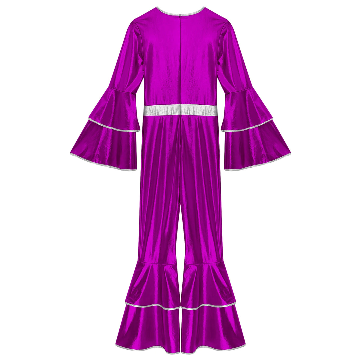 Womens 70S Disco Vintage Jumpsuit Metallic Shiny Flare Sleeve Bodysuit Hippie Bell Bottom Jazz Dance Carnival Rave Party Costume