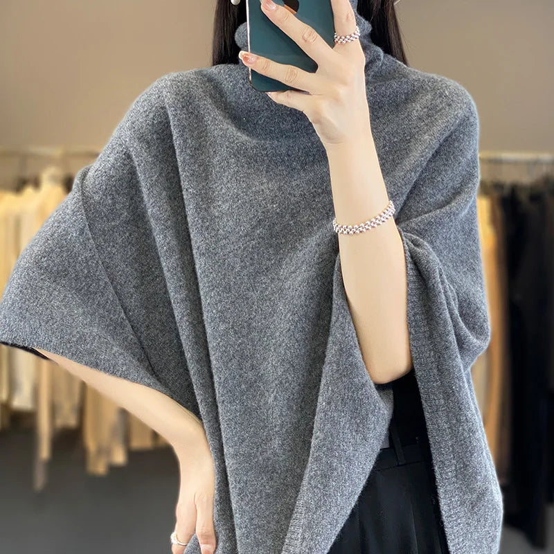 Women 100% Merino Wool Shawl Autumn Winter Turtleneck Pullover Wraps Grace Soft Warm Knitted Sweater Female Clothing Korean Tops