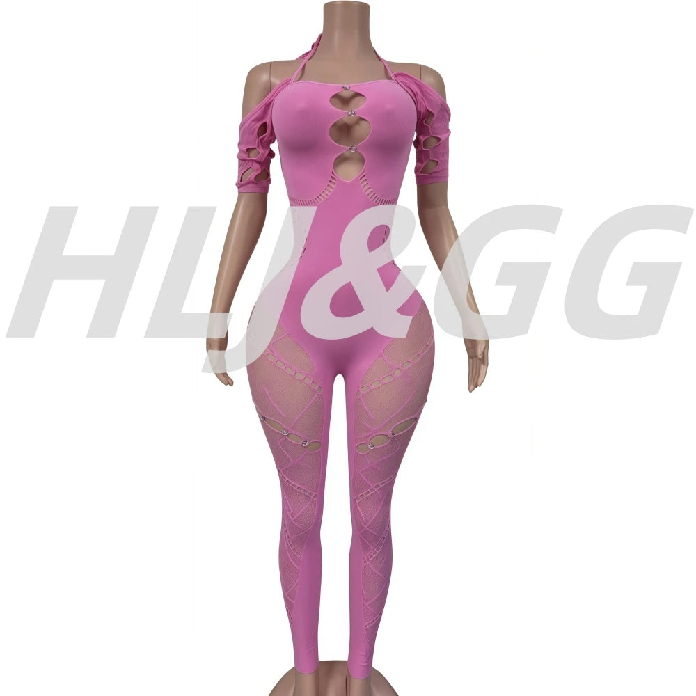 HLJ&GG Sexy Lace Hollow Bodycon Party Nightclub Jumpsuits Women Short Sleeve Skinny Pants Playsuits Female Hole Overalls 2025