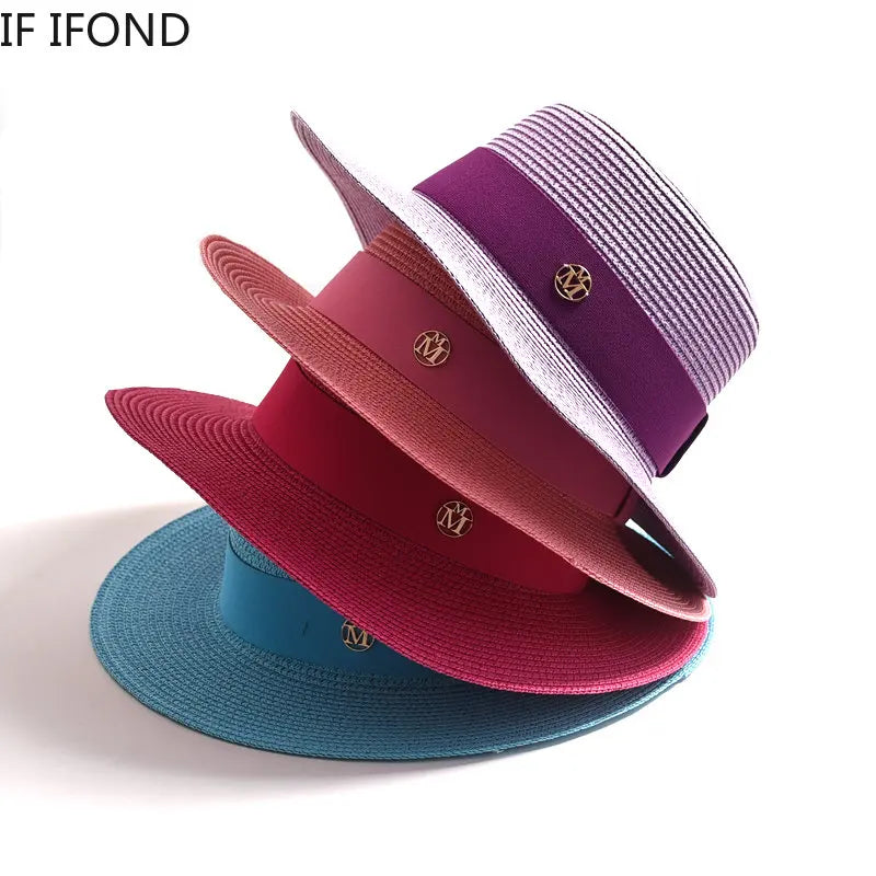 New Summer Straw Sun Hats for Women Ladies Fashion Flat Brim Ribbon Beach Hat Travel Dress Cap Chapeau Femme
