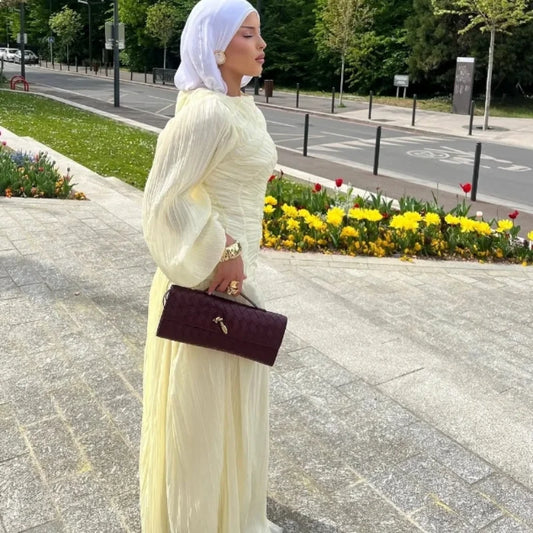 2026 Summer Women's Elegant Pleated Long Dress O-neck Loose Folds Lantern Sleeve Holiday Beach Commute Chic Vestidos