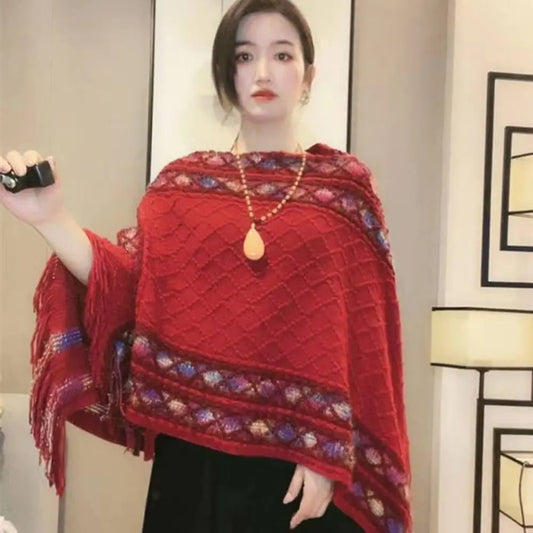 Plush Winter Warm Mongolian Poncho Ethnic Style Imitation Cashmere Rhombic Stripe Tassel Shawl Knitting Wraps Women Fashion