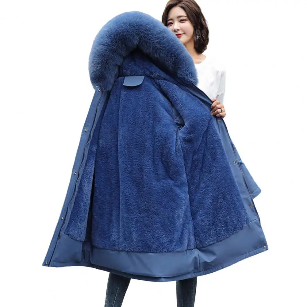 Winter Women Jacket Furry Hood Cotton Jacket Plus Size Zipper And Button Closure Plush Lining Cotton Coat Windproof Warm Coat