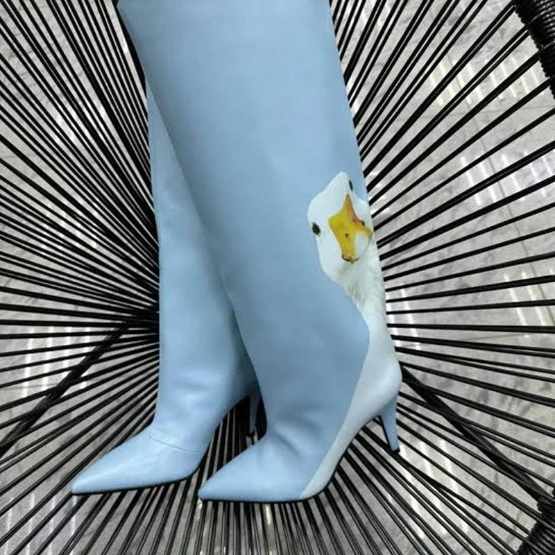 Women Cute Duck Print Light Blue Knee High Stiletto Boots Pointed Toe Printing Long Boots Fashion Party Shoes Botas Mujer