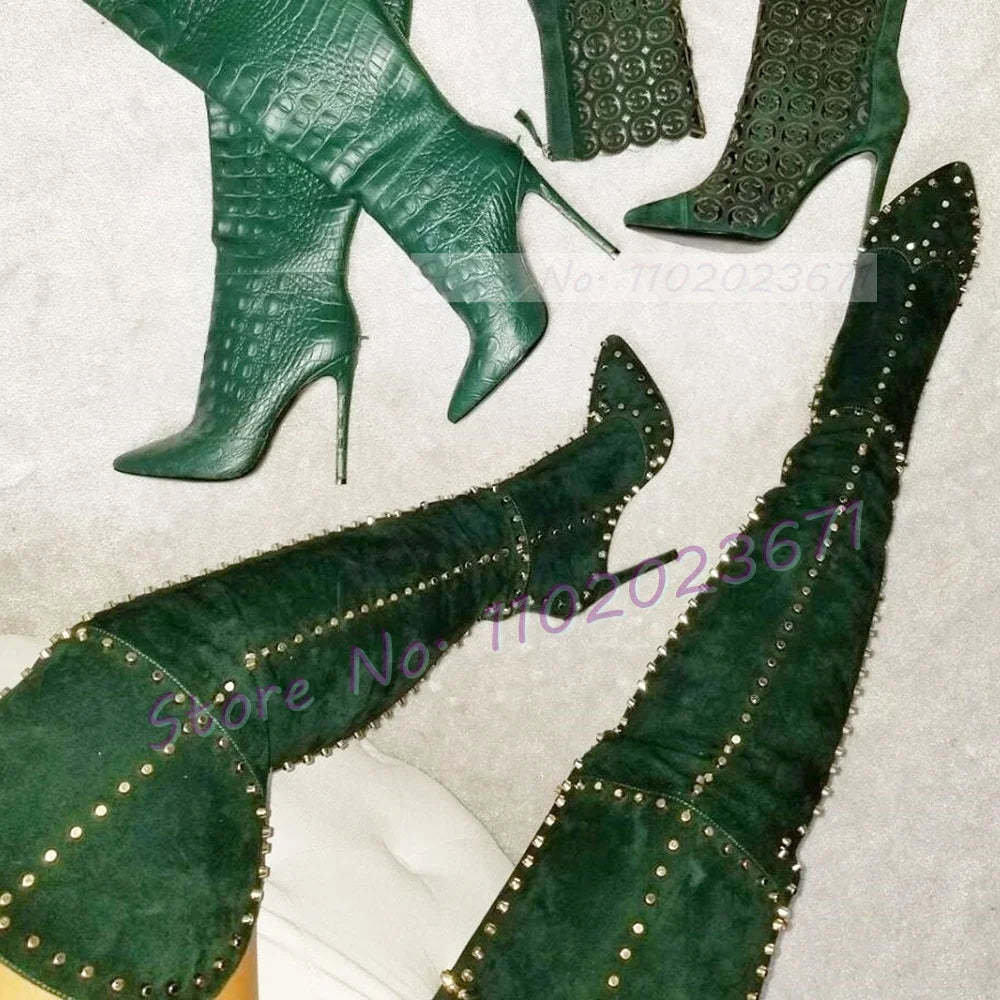 Sparkling Studded Thigh High Boots Women Sexy Metal Rivets Pointy High Heels Suede Leather Shoes Ladies Winter Fashion Boots