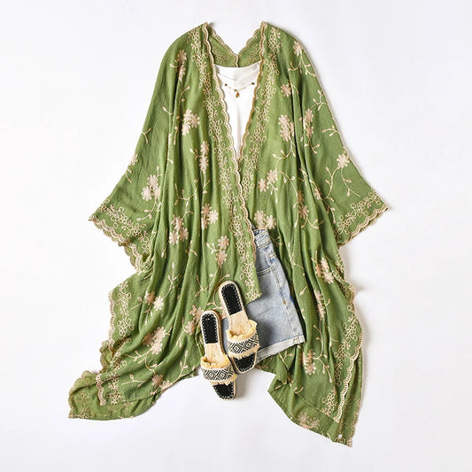 Bright Fashion Print Bohemian Long Cardigan Sweet Lady Beach Cover-Up Casual Holiday Party Kimono Maxi Stitch Boho