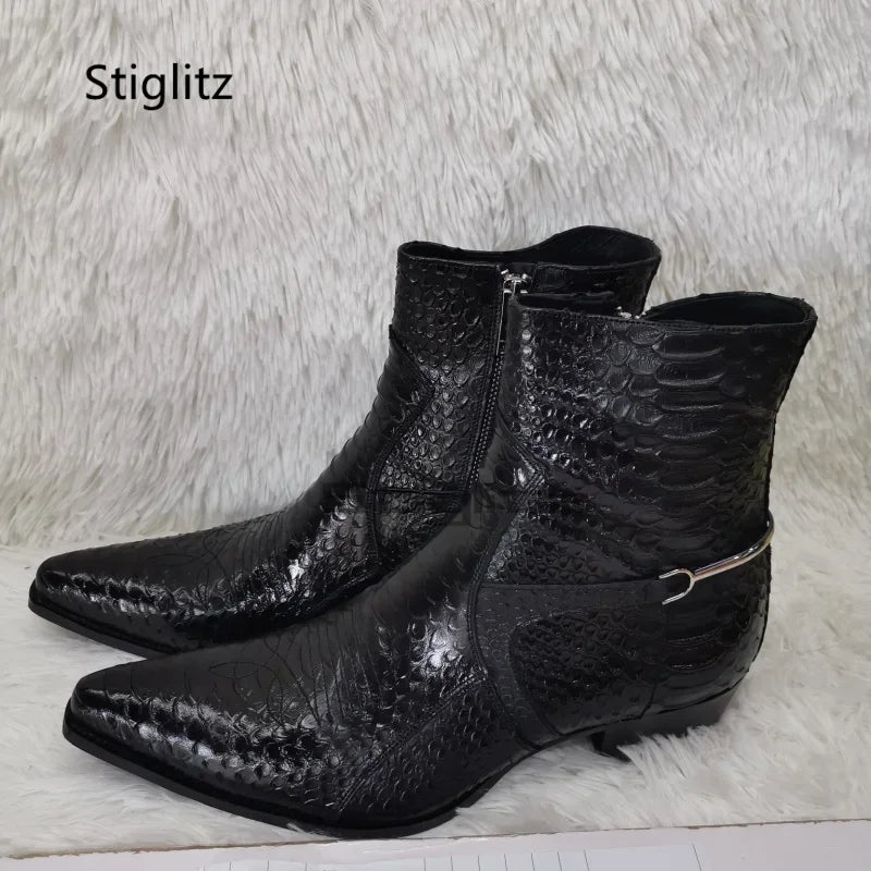 Genuine Leather Embroidery Men's Boots Pointy Chelsea Boots Snakeskin Metal Decor Chunky Heeled Ankle Boots Party Male Shoes