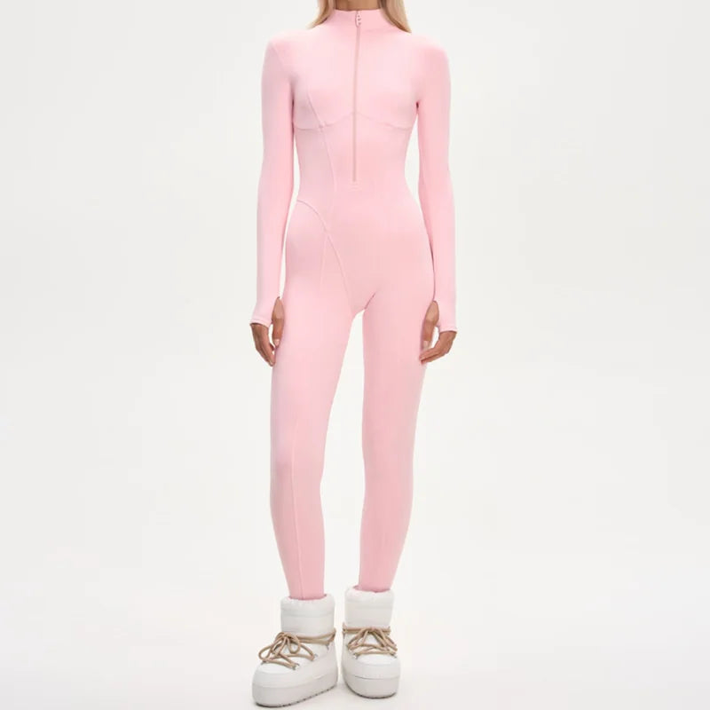 Fashion Hooded One-Piece Ski Jumpsuit Women Stand Collar Zipper High Waist Solid Windproof Outwear 2026 Winter Lady Skiwears New