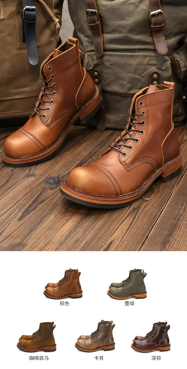 Retro Short Face Men's Winter Wear-resistant Top Layer Cowhide Short Motorcycle Boots