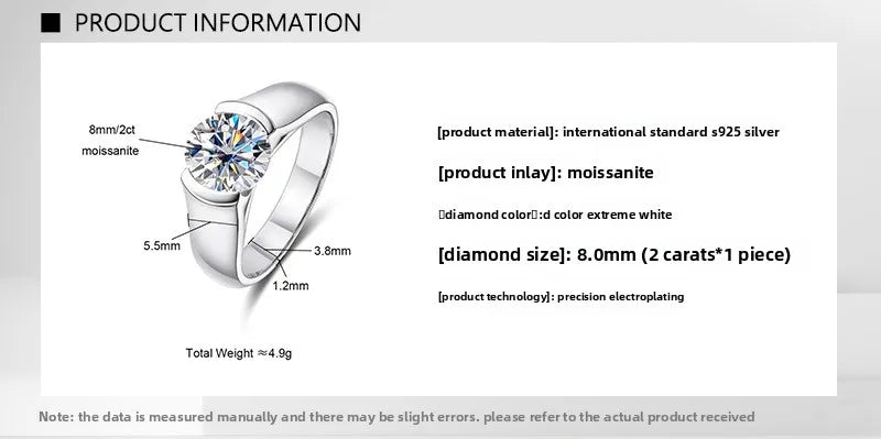 Carnica Luxury 925 Sterling Silver 2CT Real Moissanite Ring for Women GRA Simple Diamond Wedding Jewelry Gift Brilliant Hot New