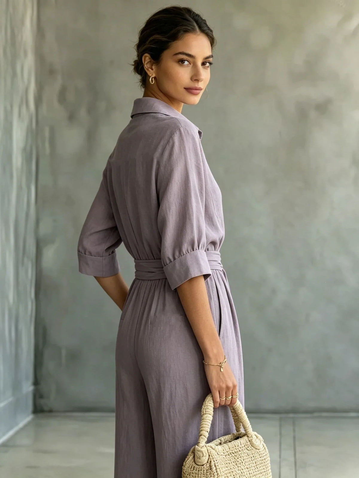 Women's Mid-sleeve Shirts Jumpsuits Spring Summer New 2026 New Fashion Elegant Waisted Lace-up Wide-leg Trousers Female Rompers