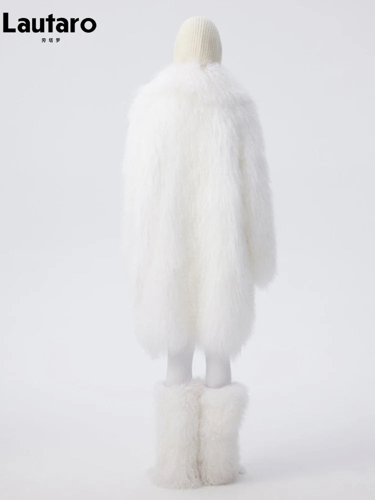 Lautaro Autumn Winter Long Oversized White Thick Warm Soft Faux Fur Coat Women Loose Stylish Luxury Fluffy Overcoat Streetwear
