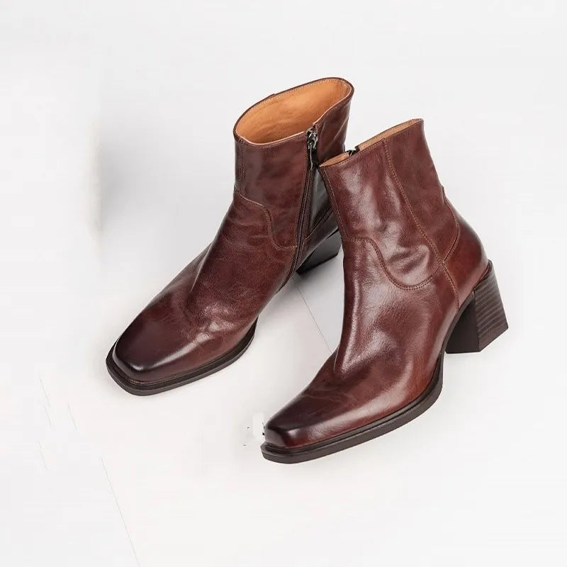 Elegant Office Ladies Chunky Heels Genuine Leather Short Boots Square Toe New Designer Shoes Women Vintage Cowhide Ankle Boots