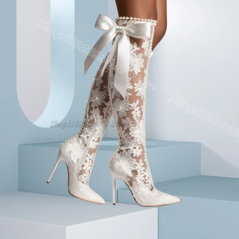 White Bowknot Pearl Decor Boots Lace Pointed Toe Stiletto Spring for Women Party Dress Elegant Boots 2025 Zapatos Para Mujere