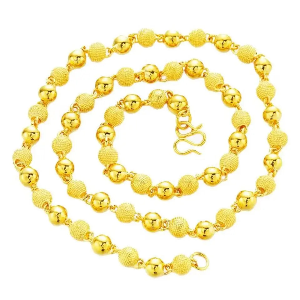 Unisex 24K Gold (AU999) 6mm Matte Sandblasted Bead Necklace | Liquid metal beads, gold-inlaid clasp with minimalist symbols