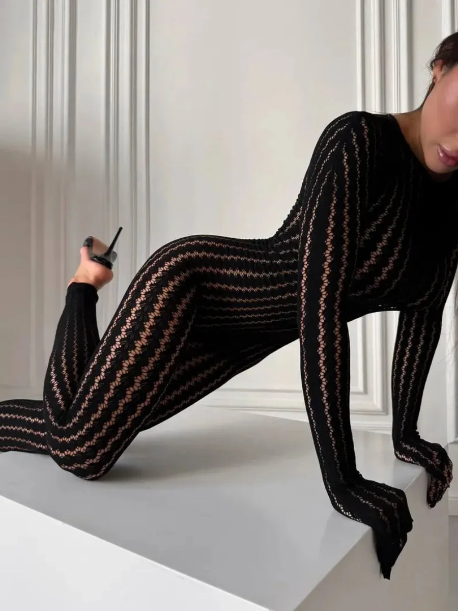 Women's Burgundy Sheer Lace Jumpsuit Long Sleeve Bodycon One Piece Romper Openwork Pattern for Party Club Evening Wear