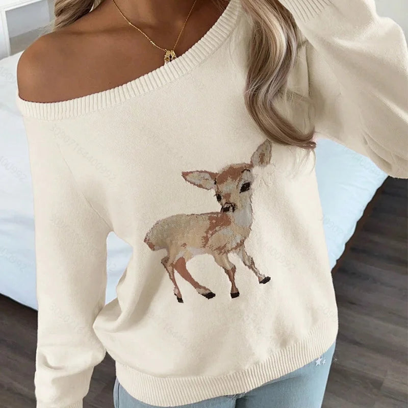 Women's Loose One-Shoulder Sweater Autumn/Winter Knitwear Top White Deer Pattern Fashionable Casual Style