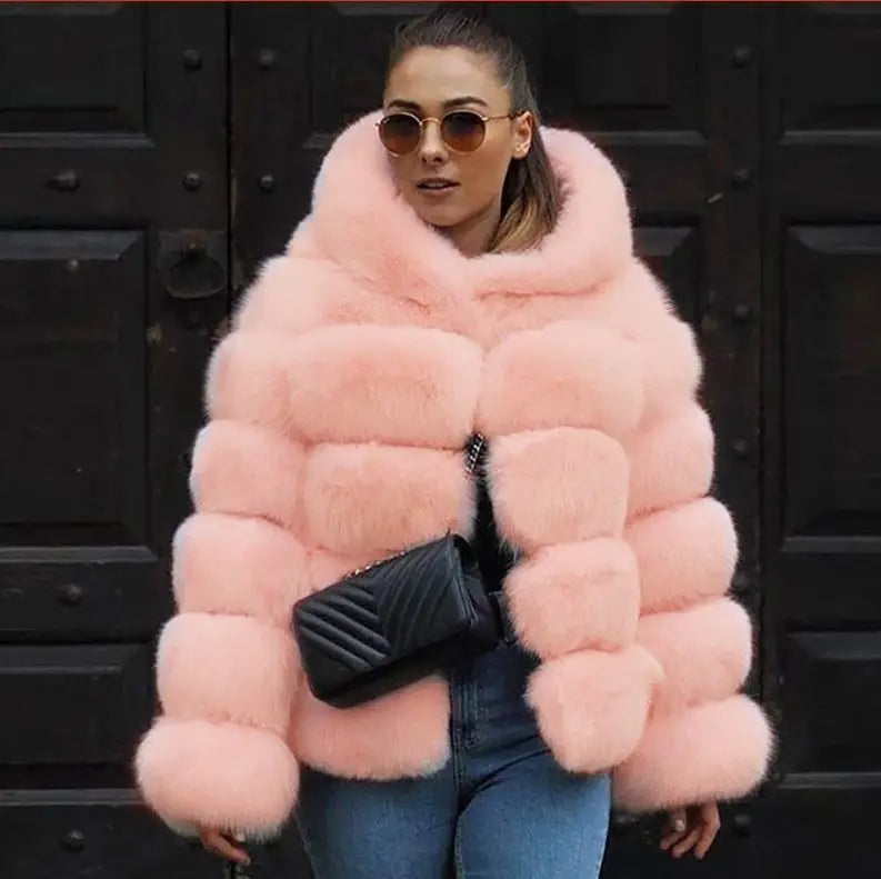 Fashion Winter Women Imitation Fox Fur Jacket Hooded Loose Long Sleeves Female Eco Fur Coat Patchwork Plush Thick Lady Fur Coat