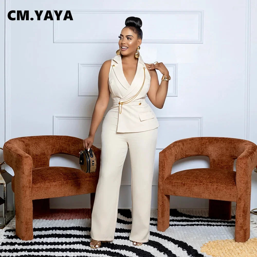 CMYAYA Elegant Womenv-neck High Waist Straight Sleeveless Blazer Jumpsuits 2024 Fall Street Chain Office Lady Party Rompers